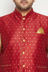 Buy Men's Silk Blend Woven Design Nehru Jacket in Maroon - Zoom in