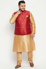 Buy Men's Silk Blend Woven Design Nehru Jacket in Maroon - Zoom Out