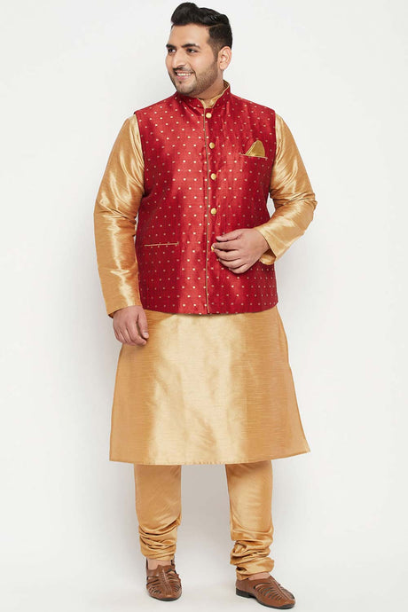 Buy Men's Silk Blend Woven Design Kurta Set in Rose Gold - Front