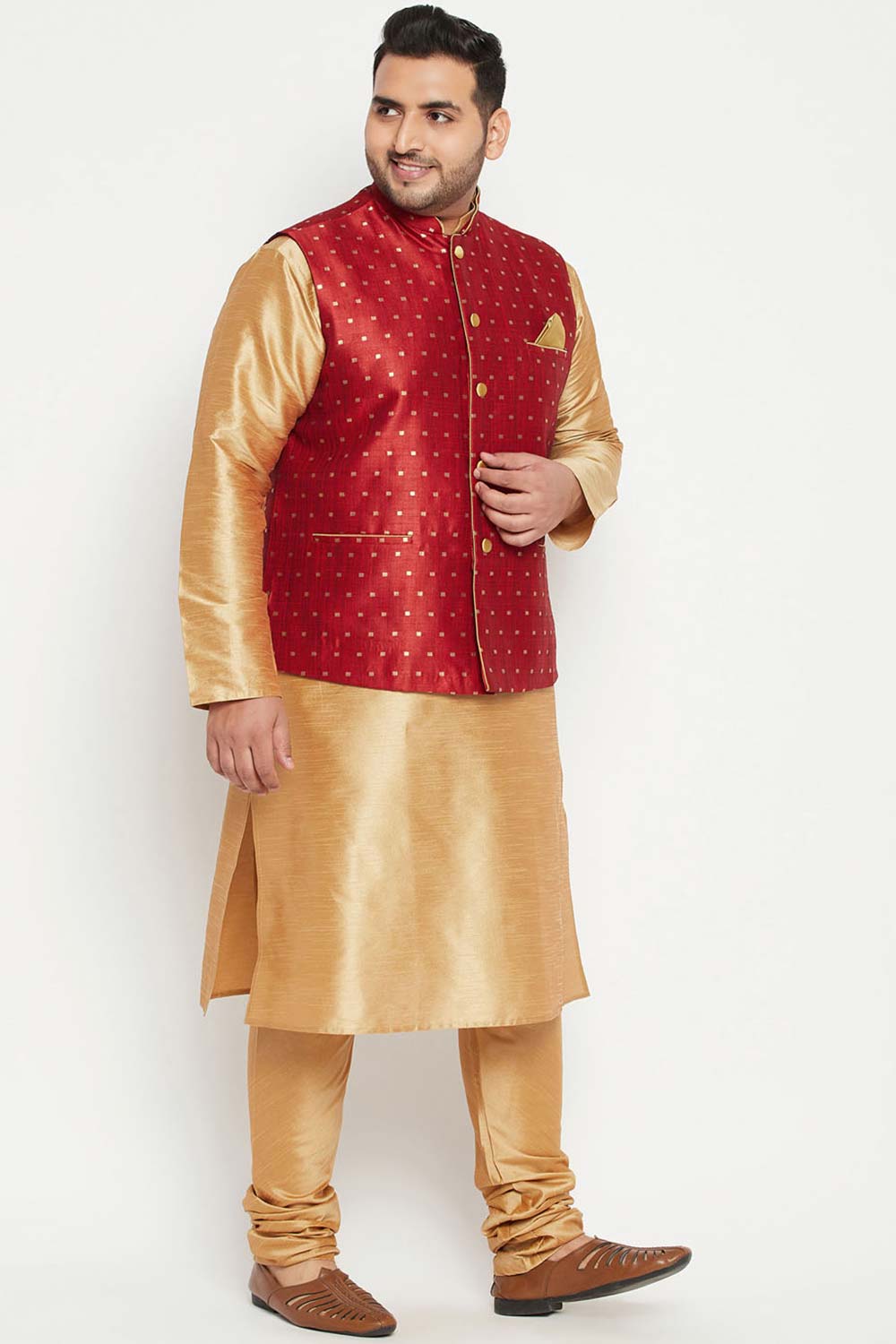 Buy Men's Silk Blend Woven Design Kurta Set in Rose Gold - Side