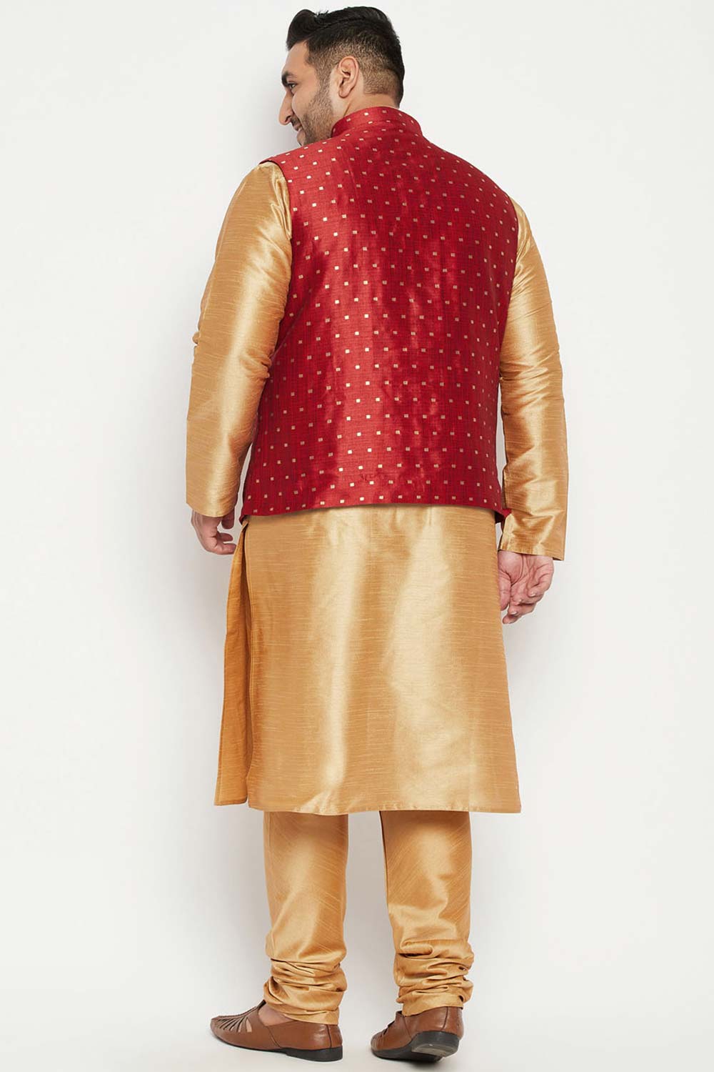 Buy Men's Silk Blend Woven Design Kurta Set in Rose Gold - Back