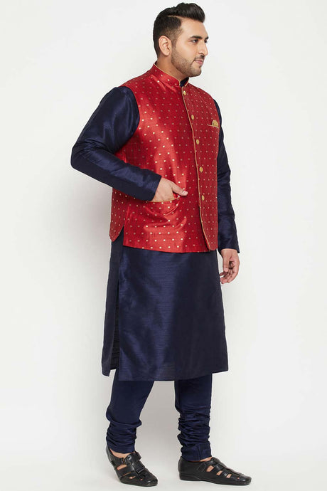 Buy Men's Silk Blend Woven Design Kurta Set in Navy Blue - Side