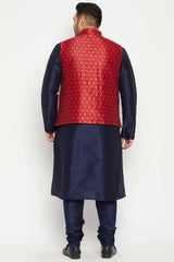Buy Men's Silk Blend Woven Design Kurta Set in Navy Blue - Back