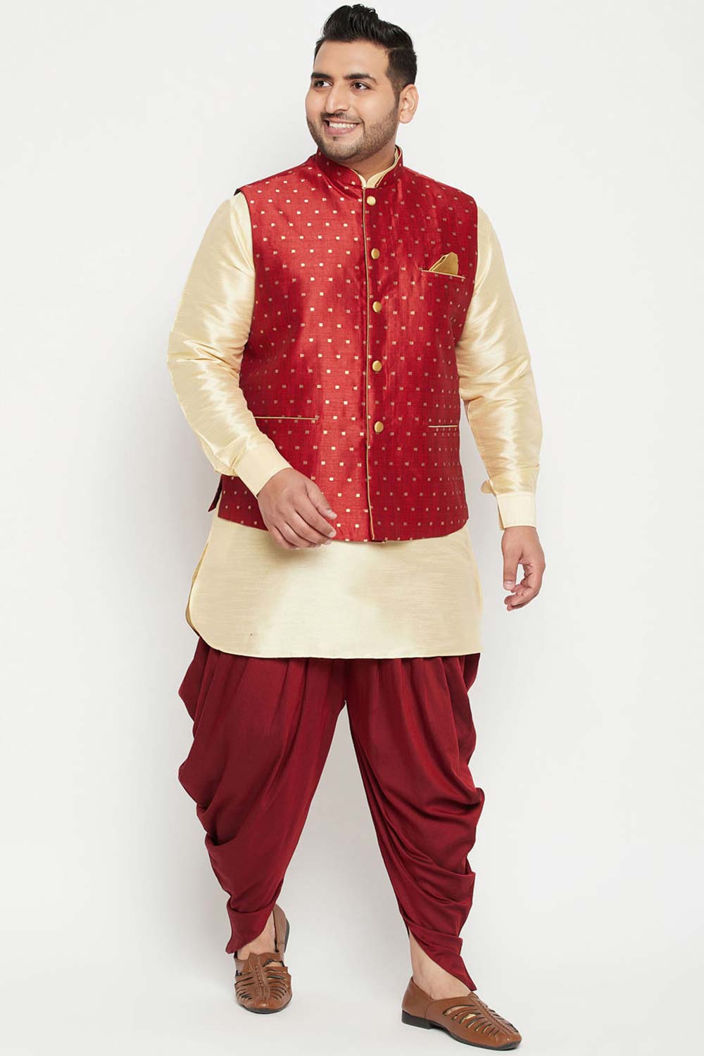 Buy Men's Silk Blend Woven Design Kurta Set in Gold - Front