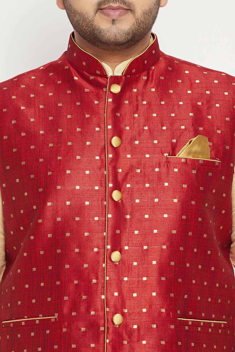 Buy Men's Silk Blend Woven Design Kurta Set in Gold - Zoom in