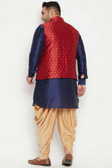 Buy Men's Silk Blend Woven Design Kurta Set in Navy Blue - Back