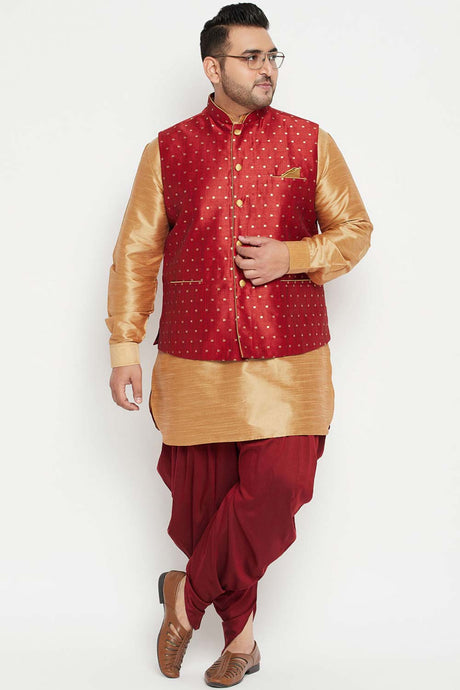 Buy Men's Silk Blend Woven Design Kurta Set in Rose Gold - Front