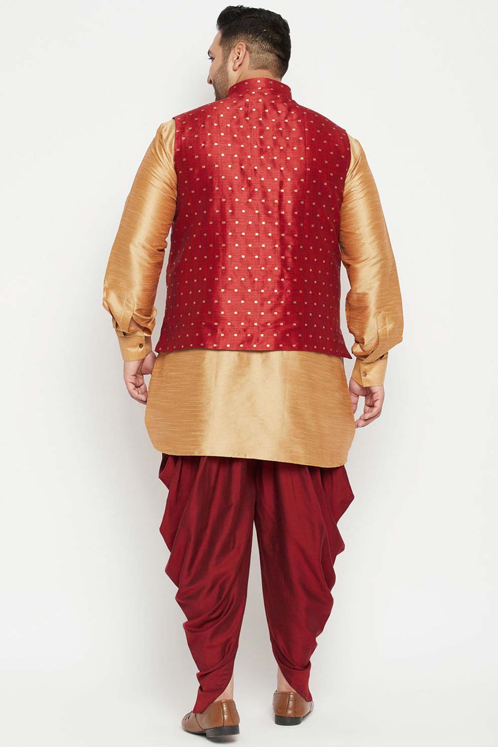 Buy Men's Silk Blend Woven Design Kurta Set in Rose Gold - Back