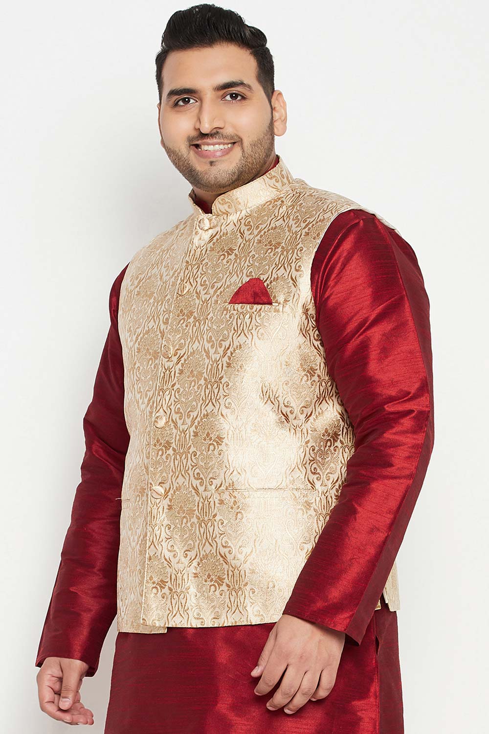 Buy Men's Silk Blend Woven Design Nehru Jacket in Rose Gold - Side