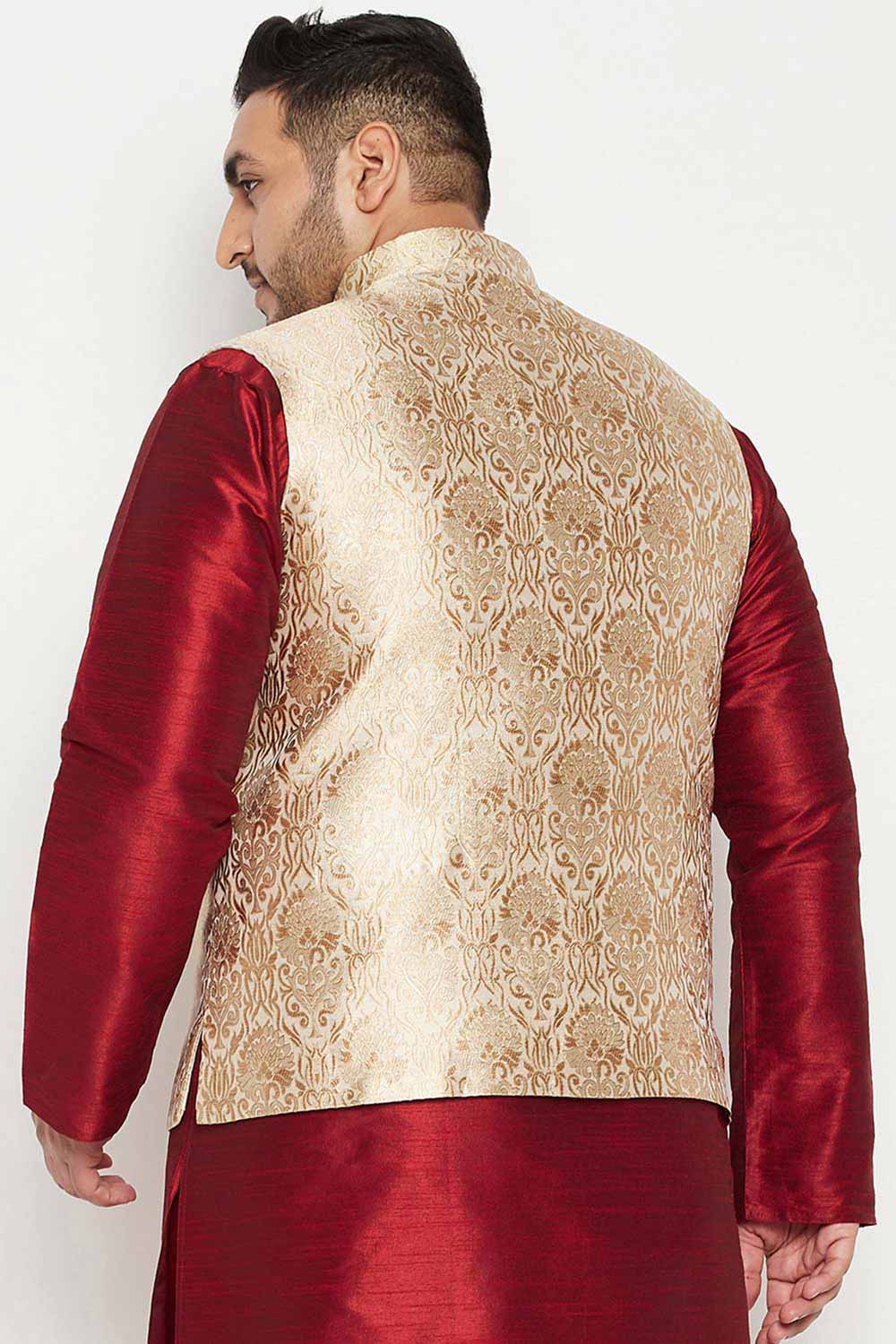 Buy Men's Silk Blend Woven Design Nehru Jacket in Rose Gold - Back