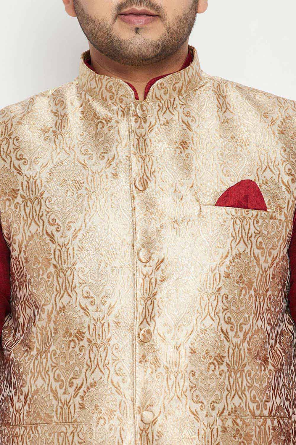 Buy Men's Silk Blend Woven Design Nehru Jacket in Rose Gold - Zoom in