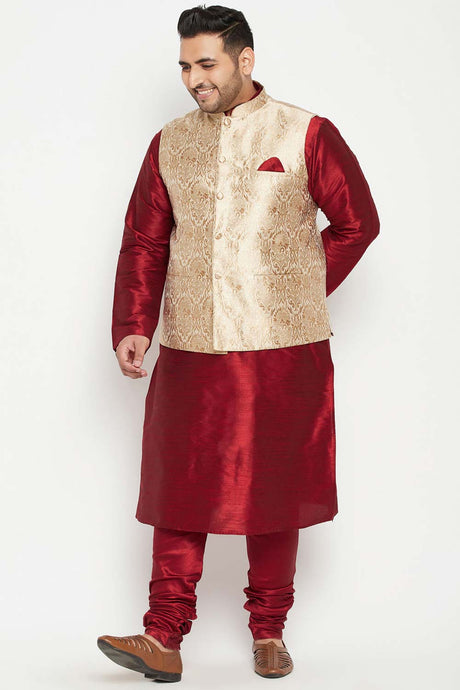 Buy Men's Silk Blend Woven Design Kurta Set in Maroon - Front