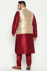 Buy Men's Silk Blend Woven Design Kurta Set in Maroon - Back