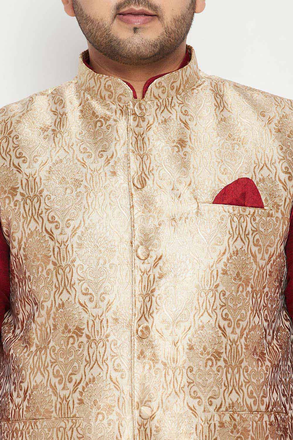 Buy Men's Silk Blend Woven Design Kurta Set in Maroon - Zoom in