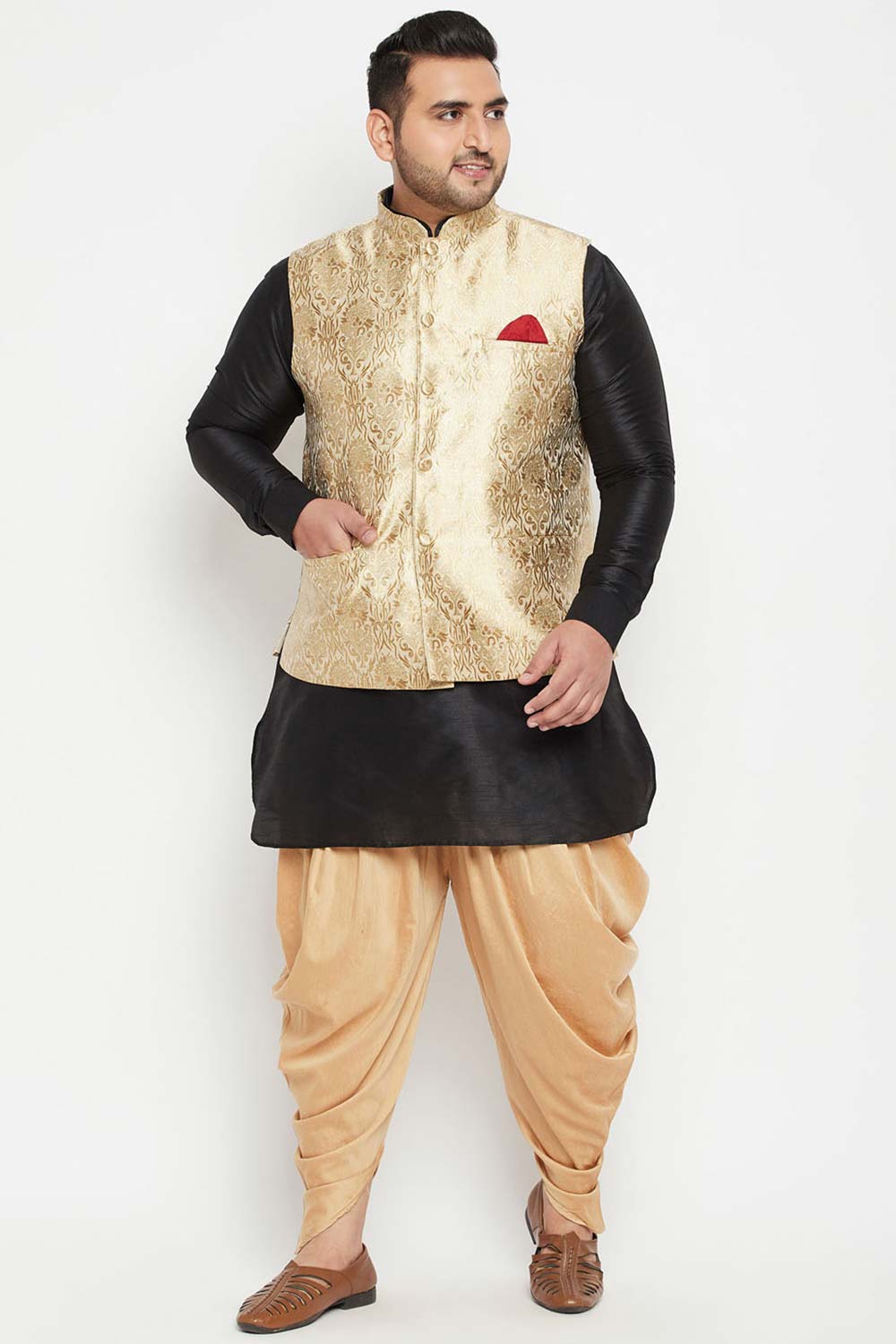 Buy Men's Silk Blend Woven Design Kurta Set in Black - Front