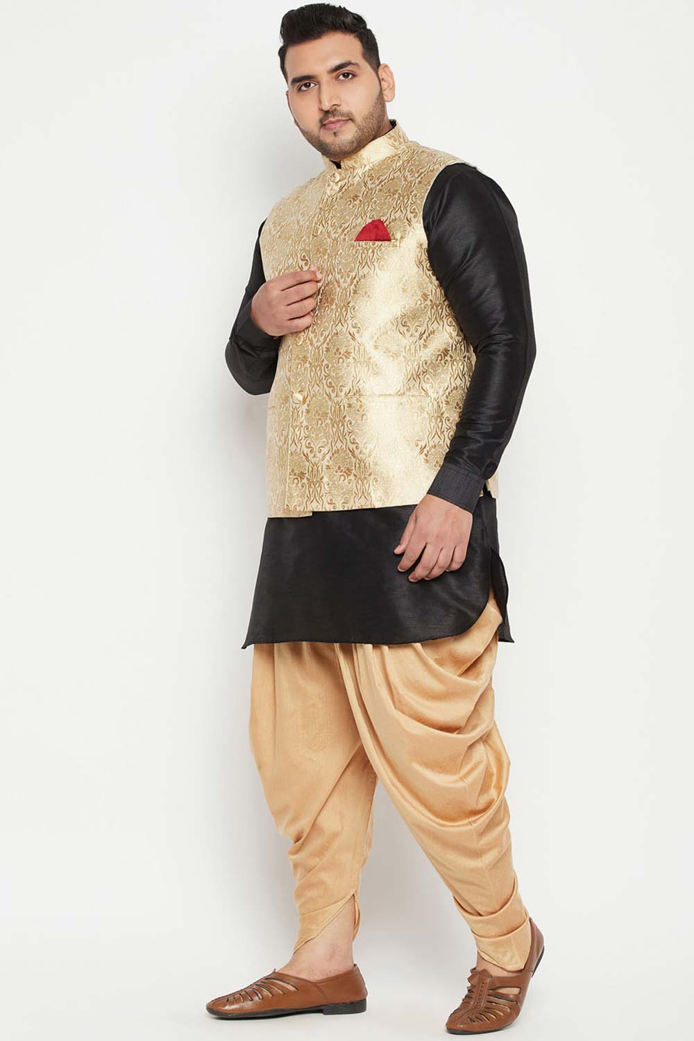 Buy Men's Silk Blend Woven Design Kurta Set in Black - Side