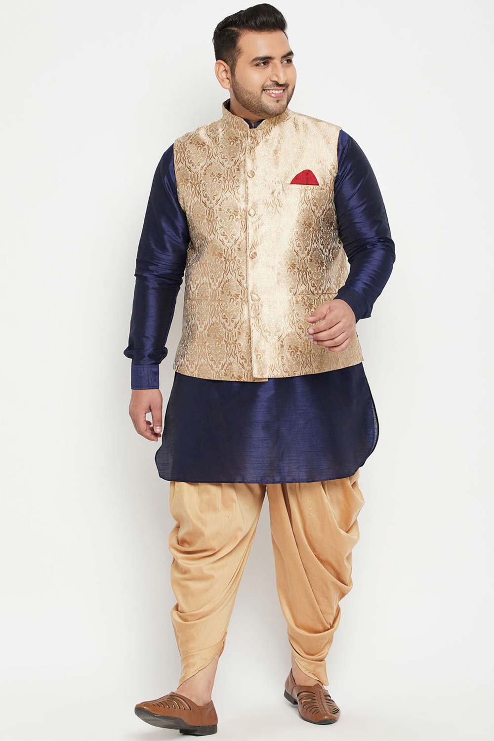 Buy Men's Silk Blend Woven Design Kurta Set in Navy Blue - Front