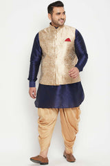 Buy Men's Silk Blend Woven Design Kurta Set in Navy Blue - Front