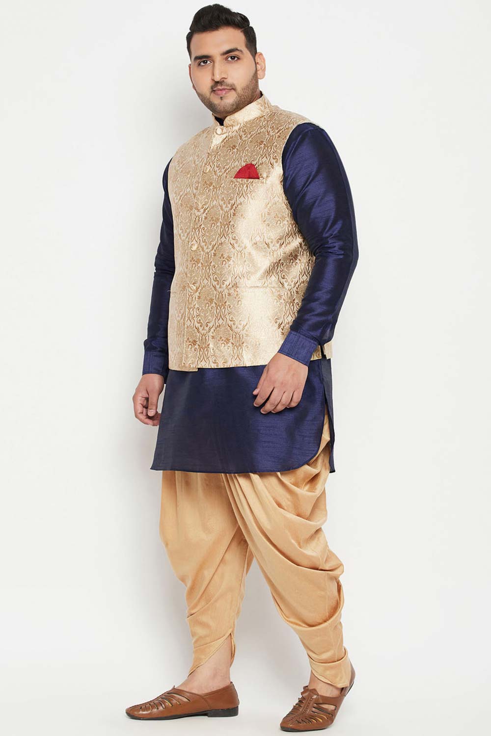 Buy Men's Silk Blend Woven Design Kurta Set in Navy Blue - Side