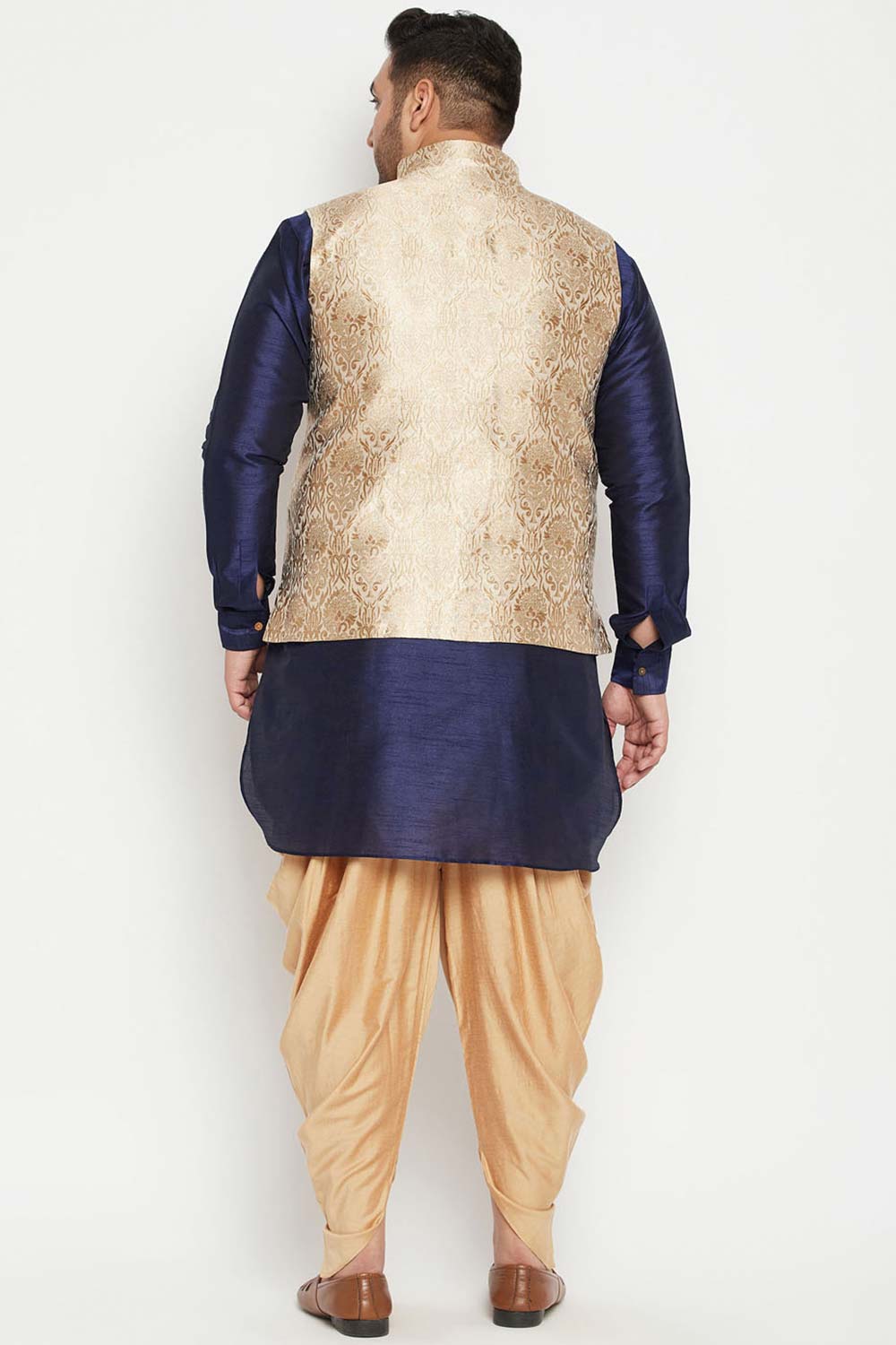 Buy Men's Silk Blend Woven Design Kurta Set in Navy Blue - Back