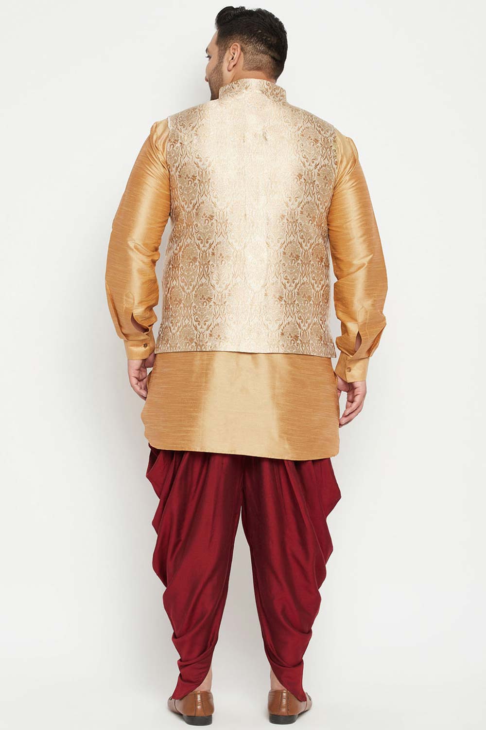 Buy Men's Silk Blend Woven Design Kurta Set in Rose Gold - Back