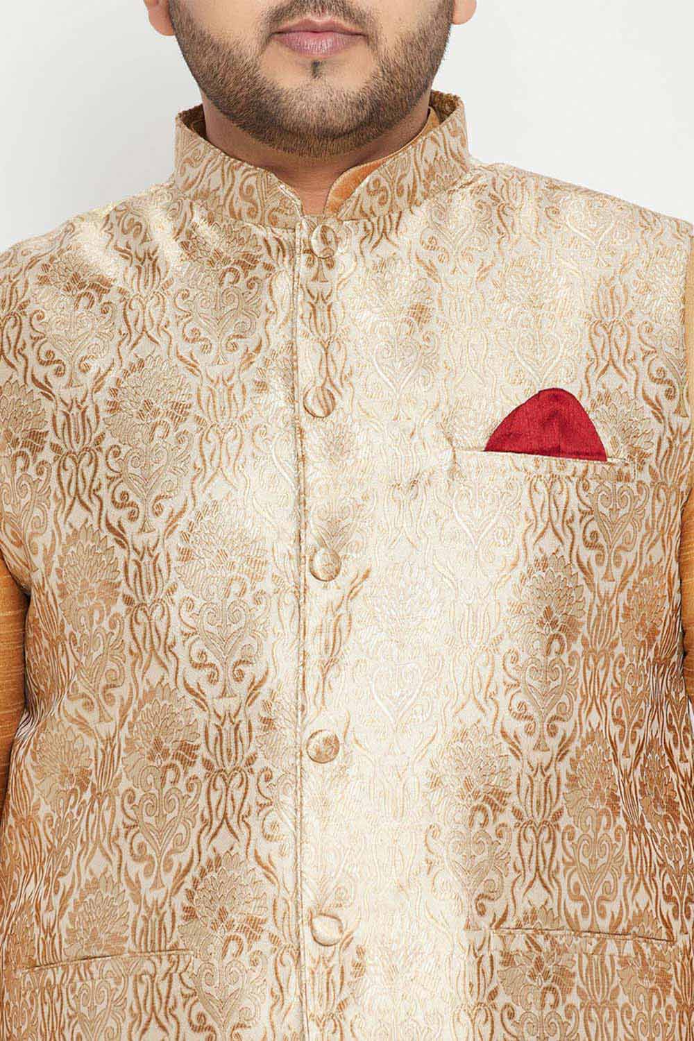 Buy Men's Silk Blend Woven Design Kurta Set in Rose Gold - Zoom in