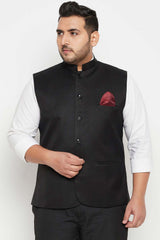 Buy Men's Cotton Silk Blend Solid Nehru Jacket in Black - Front