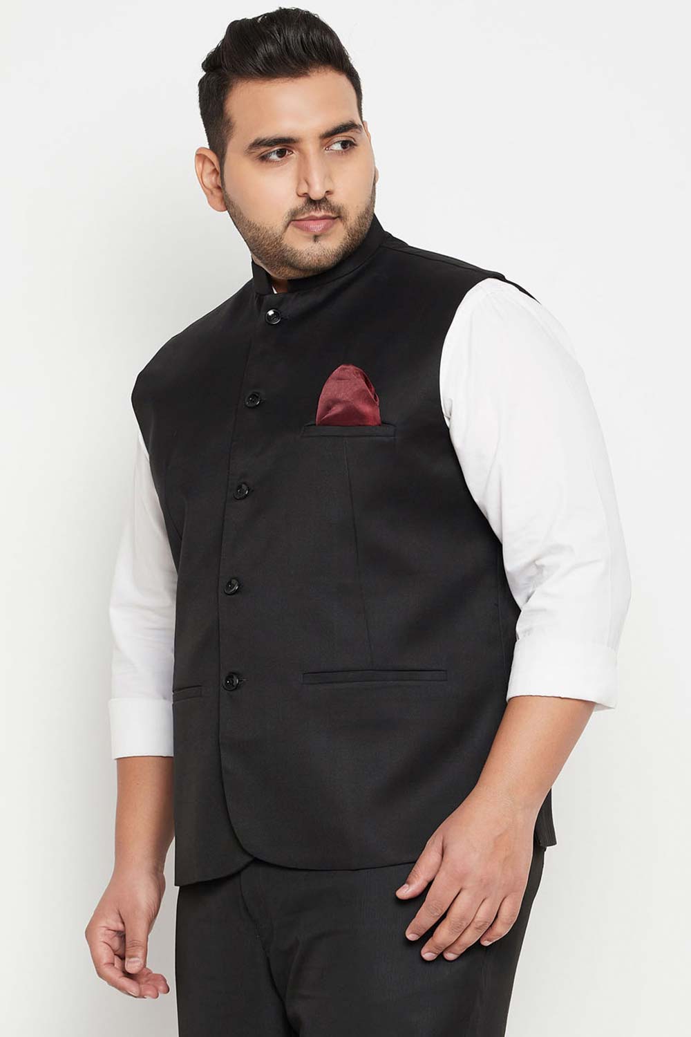 Buy Men's Cotton Silk Blend Solid Nehru Jacket in Black - Side