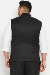 Buy Men's Cotton Silk Blend Solid Nehru Jacket in Black - Back
