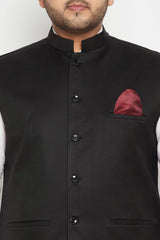 Buy Men's Cotton Silk Blend Solid Nehru Jacket in Black - Zoom in
