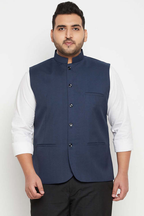 Buy Men's Cotton Silk Blend Solid Nehru Jacket in Blue - Front