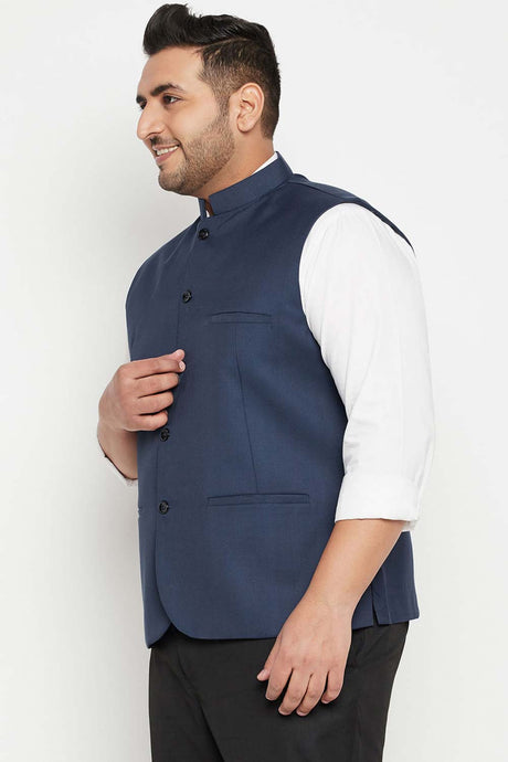 Buy Men's Cotton Silk Blend Solid Nehru Jacket in Blue - Side