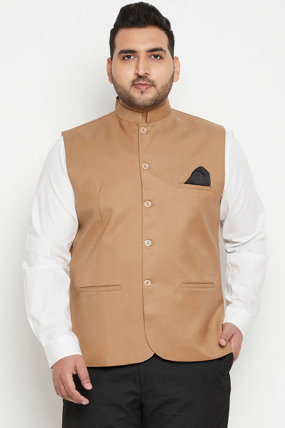 Buy Men's Cotton Silk Blend Solid Nehru Jacket in Chiku Brown - Front