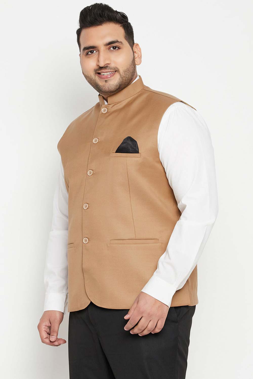 Buy Men's Cotton Silk Blend Solid Nehru Jacket in Chiku Brown - Side