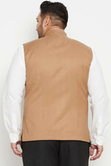 Buy Men's Cotton Silk Blend Solid Nehru Jacket in Chiku Brown - Back
