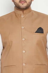 Buy Men's Cotton Silk Blend Solid Nehru Jacket in Chiku Brown - Zoom in