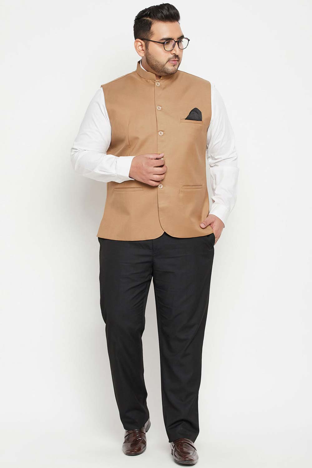 Buy Men's Cotton Silk Blend Solid Nehru Jacket in Chiku Brown - Zoom Out