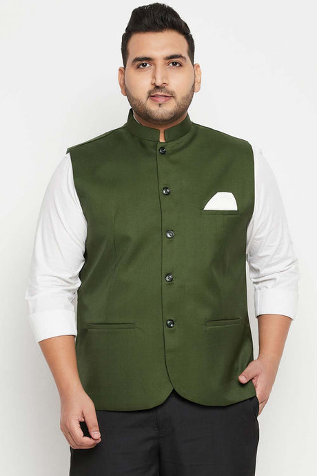 Buy Men's Cotton Silk Blend Solid Nehru Jacket in Green - Front