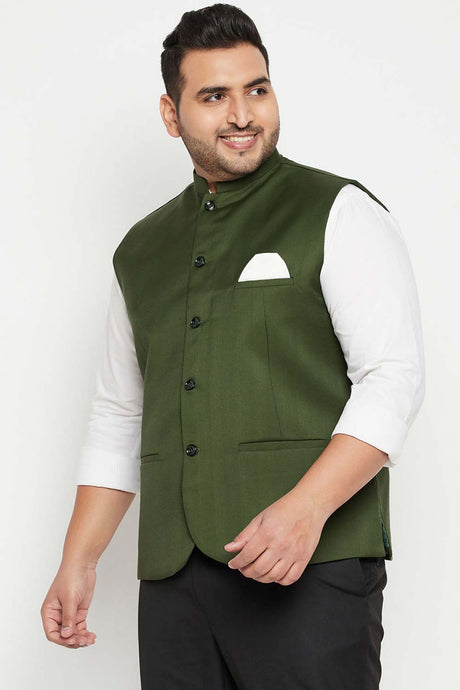Buy Men's Cotton Silk Blend Solid Nehru Jacket in Green - Side