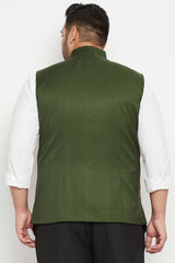 Buy Men's Cotton Silk Blend Solid Nehru Jacket in Green - Back
