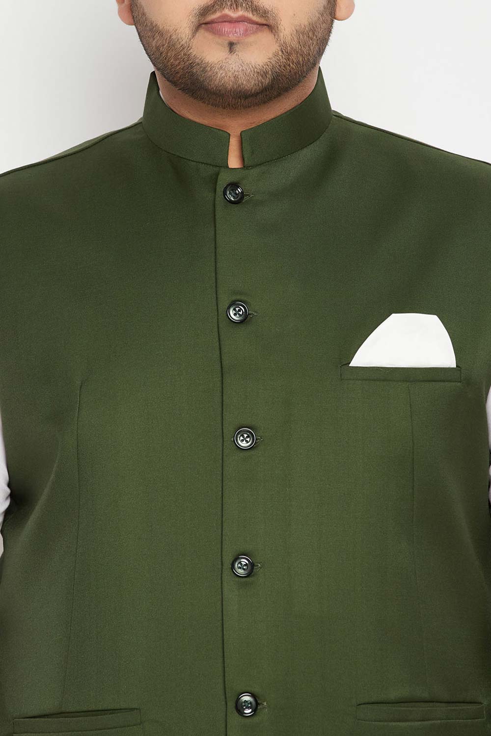Buy Men's Cotton Silk Blend Solid Nehru Jacket in Green - Zoom in