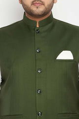 Buy Men's Cotton Silk Blend Solid Nehru Jacket in Green - Zoom in