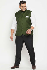 Buy Men's Cotton Silk Blend Solid Nehru Jacket in Green - Zoom Out