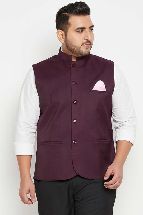 Buy Men's Cotton Silk Blend Solid Nehru Jacket in Maroon - Front