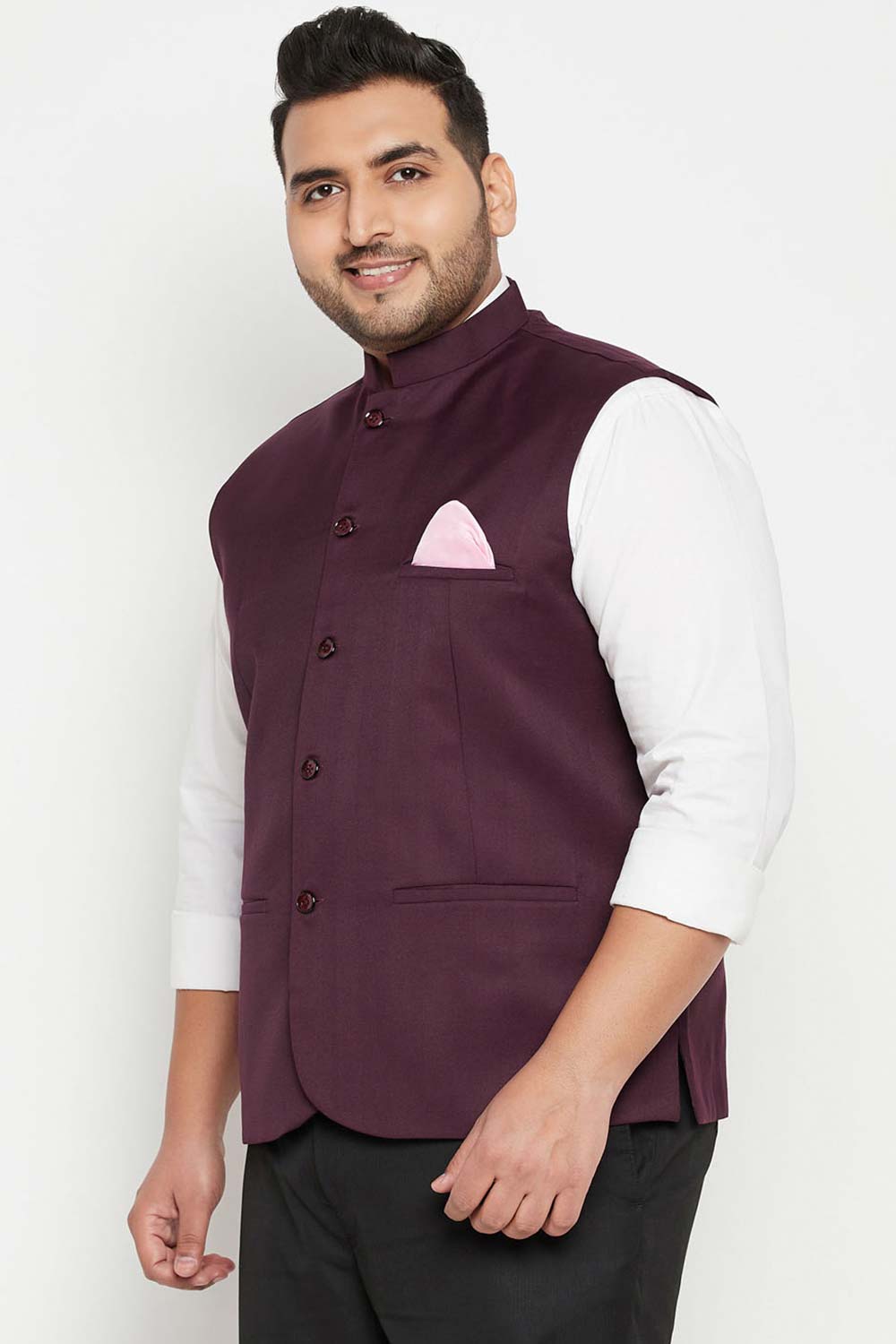 Buy Men's Cotton Silk Blend Solid Nehru Jacket in Maroon - Side