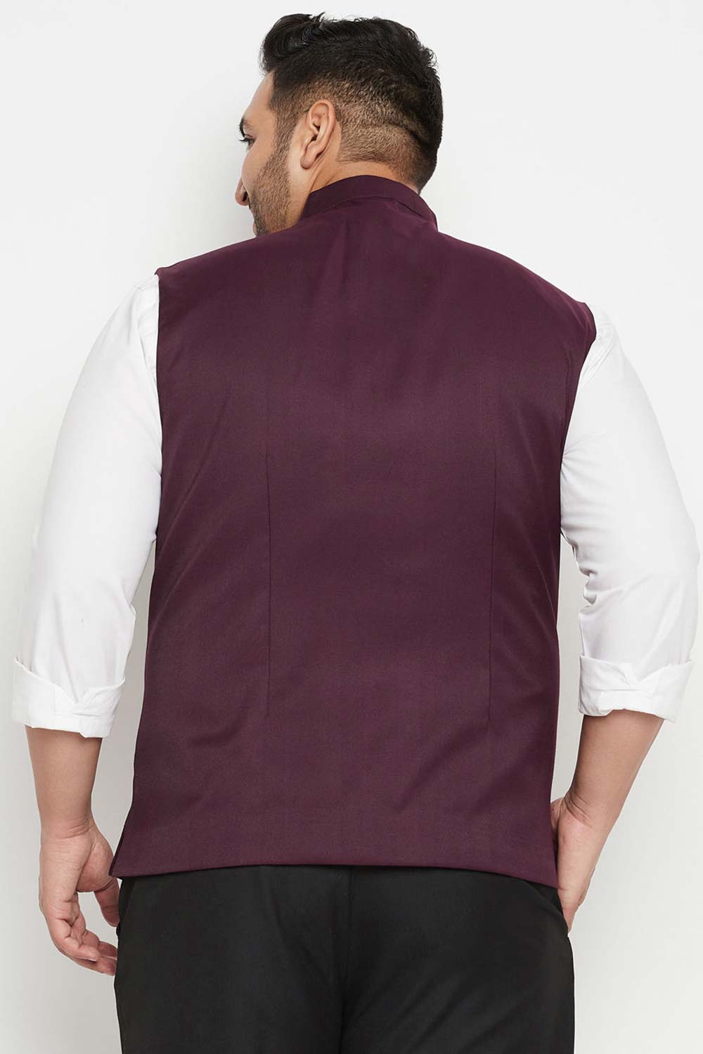 Buy Men's Cotton Silk Blend Solid Nehru Jacket in Maroon - Back