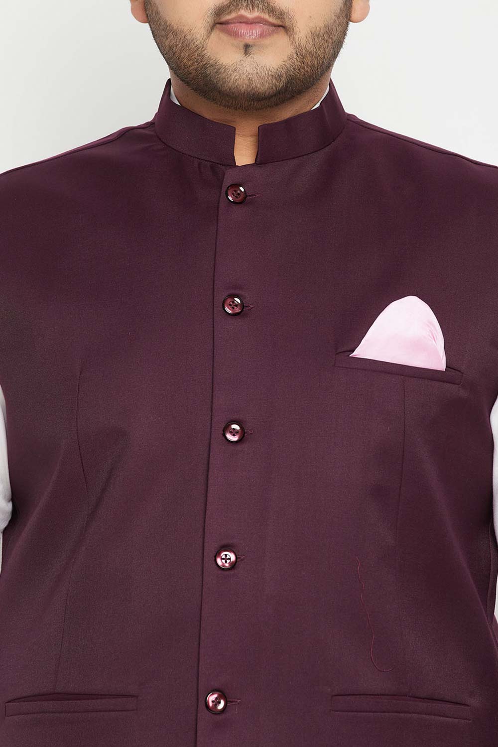 Buy Men's Cotton Silk Blend Solid Nehru Jacket in Maroon - Zoom in
