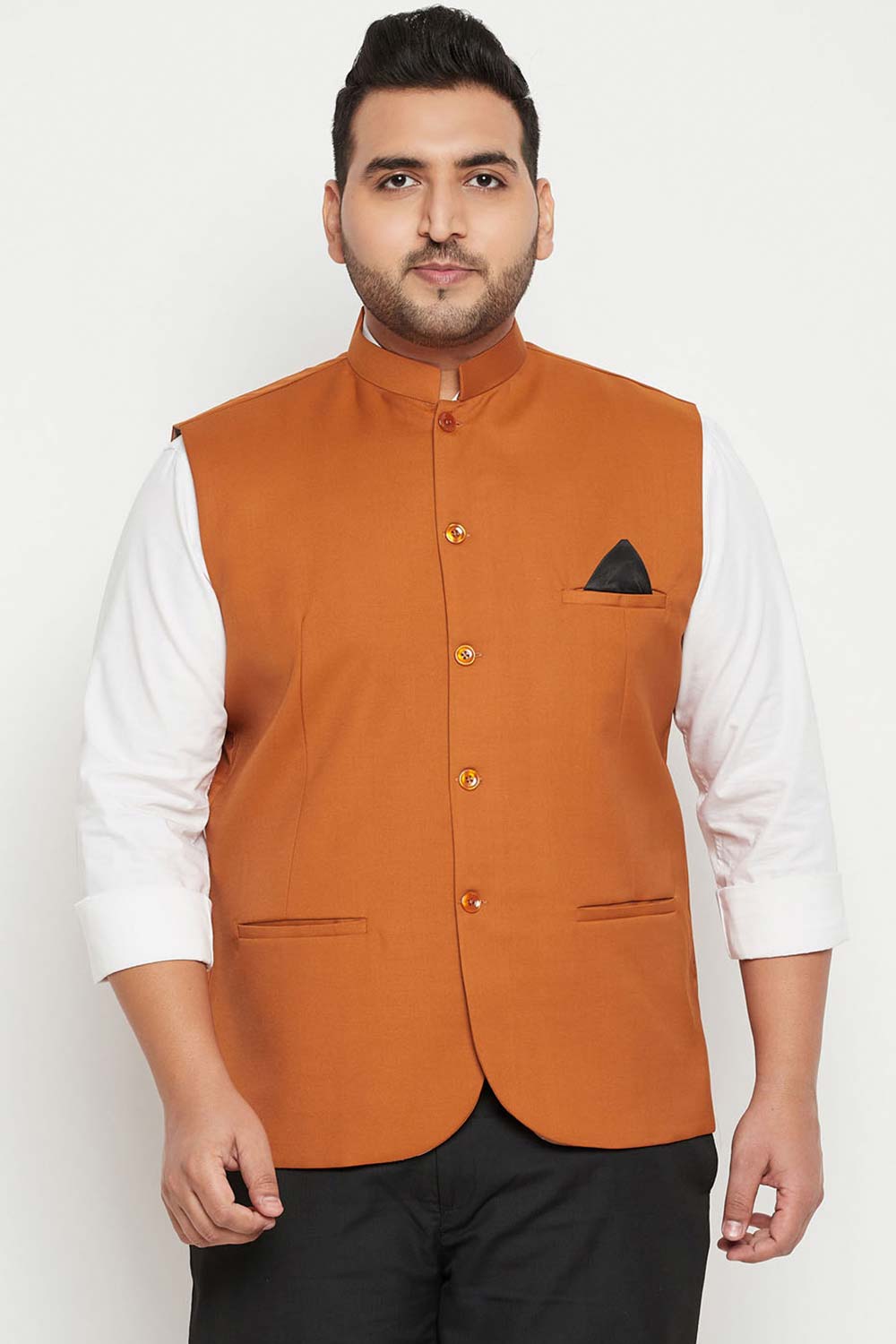 Buy Men's Cotton Silk Blend Solid Nehru Jacket in Orange - Front