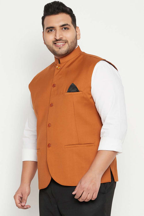 Buy Men's Cotton Silk Blend Solid Nehru Jacket in Orange - Side