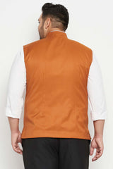 Buy Men's Cotton Silk Blend Solid Nehru Jacket in Orange - Back